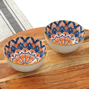 Femora Porcelain Bowl Set of 2 - Elegant Floral Medallion Pattern, Microwave & Dishwasher Safe, Lead-Free | Versatile Dinner & Serving Bowls, Ideal for Gifting