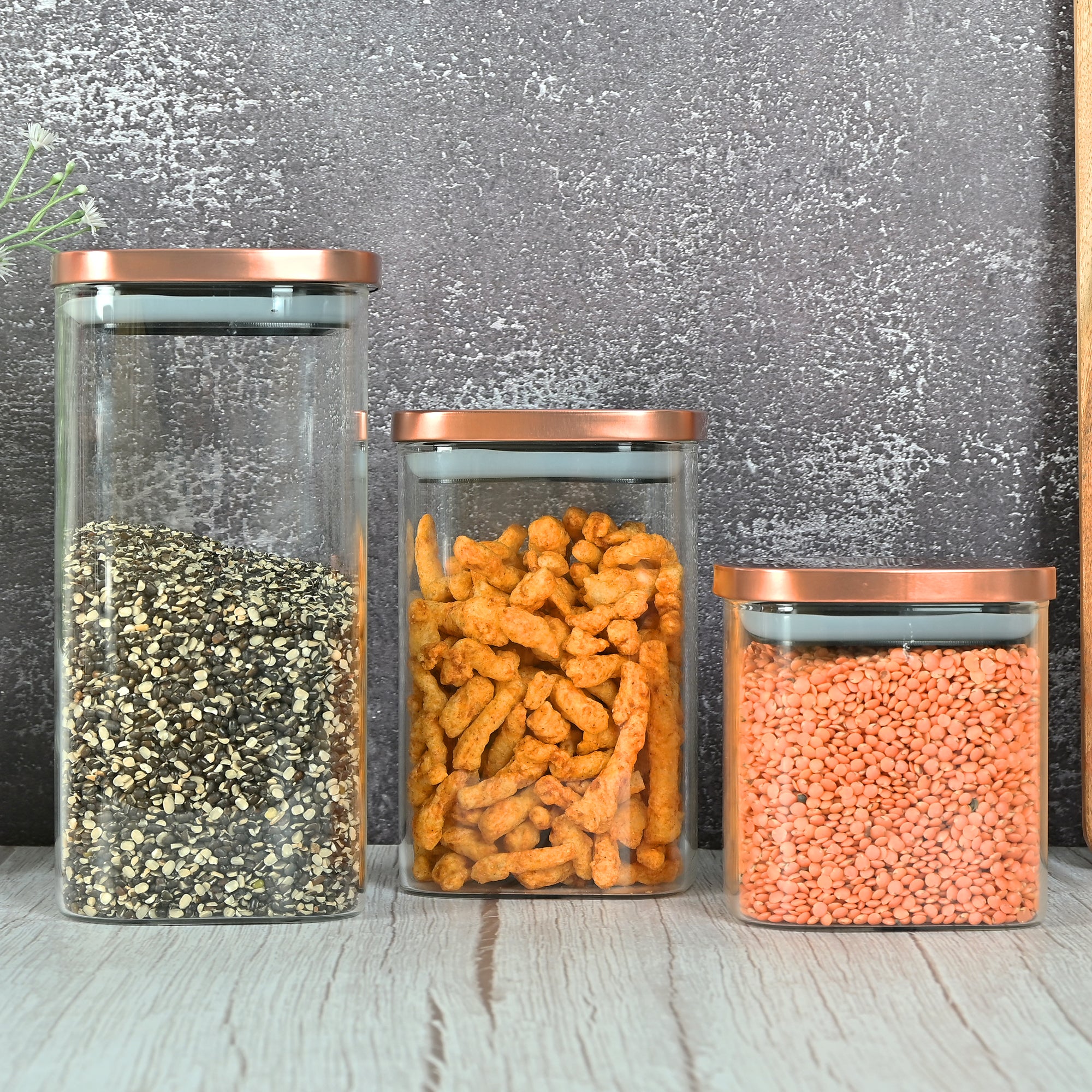 Borosilicate Glass Square Kitchen Storage Jar, Airtight Steel Lid, Fem