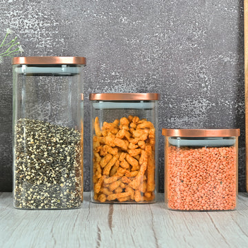 Borosilicate Glass Square Kitchen Storage Jar, Airtight Steel Lid, Femora