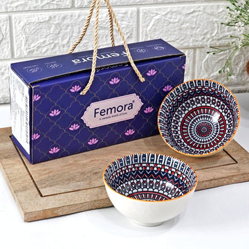 Femora Porcelain Bowl Set of 2 – Microwave & Dishwasher Safe, BPA & Lead-Free Dinner Bowls for Snacks, Rice, Dal, Fruits, Salad | Elegant Serving Bowls, Gift-Pack Ideal for Gifting-Peacock Print