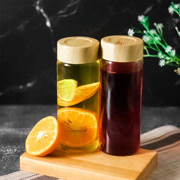 Borosilicate Glass Water Bottle With Wooden Lid, 500 ML, 2 Pcs, Femora