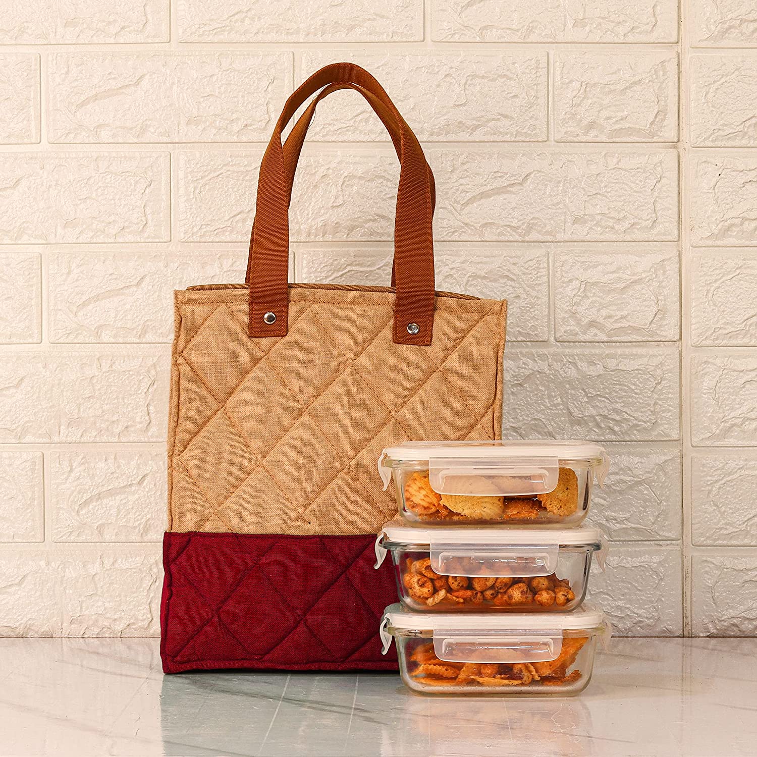 Borosilicate Glass Lunch Box Maroon Canvas Bag Femora, 400 ML, 3 Pcs