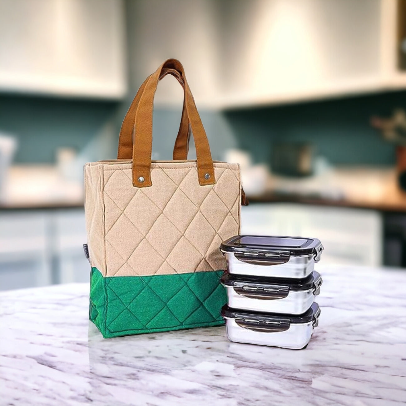 Stainless Steel Lunch Box Green Canvas Bag Femora, 350 ML, 3 Pcs