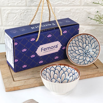 Femora Porcelain Bowl Set of 2 - Vibrant Blooming Flower Pattern, Microwave & Dishwasher Safe, Lead-Free | Versatile Dinner & Serving Bowls, Ideal for Gifting