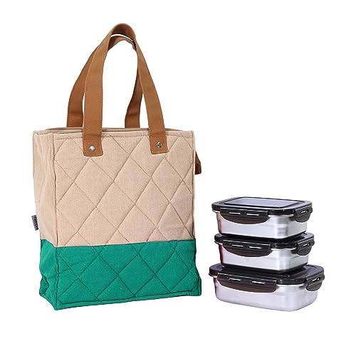 Stainless Steel Lunch Box Green Canvas Bag Femora, 350 ML, 550 ML, 3 Pcs.