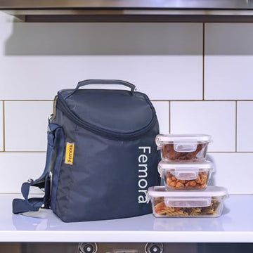 Borosilicate Glass Lunch Box Grey Blue Canvas Bag Femora, 300 ML + 620 ML, 3 Pcs