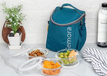 Borosilicate Glass Lunch Box Blue Canvas Bag Femora, 400 ML, 3 Pcs