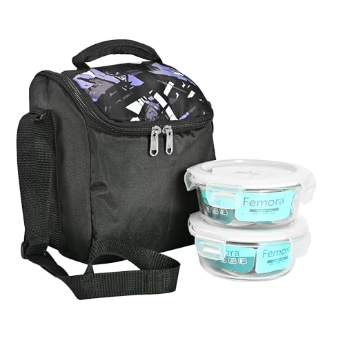 Borosilicate Glass  Round Lunch Box with Black Bag,380 ML, 2 Pcs, Femora.