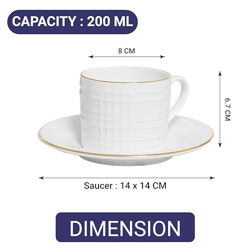 Ceramic Gold Line Square Cut White Tea Cup Set with Saucer, 200 ML, 6 Cups, 6 Saucers, Femora