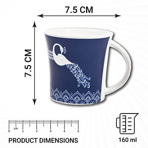 Blue Royal Peacock Design Coffee & Tea Cup Set of 6, 160 ML, Femora