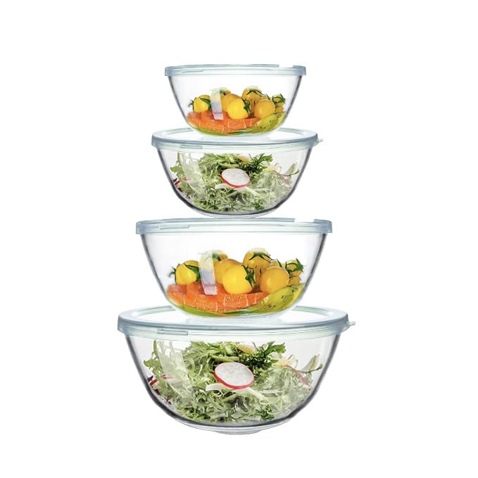 Femora Borosilicate Glass Mixing Bowl with Lid, Pcs Set (400ml, 1050ml, 2100ml 3600ml), Serving Bowl, Kitchen, Oven Microwave, Dishwasher and