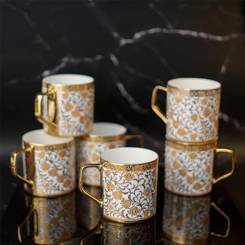 Premium Ceramic Turkish Floral Pattern Gold Coffee & Tea Cup Set of 6, 180 ML, Femora