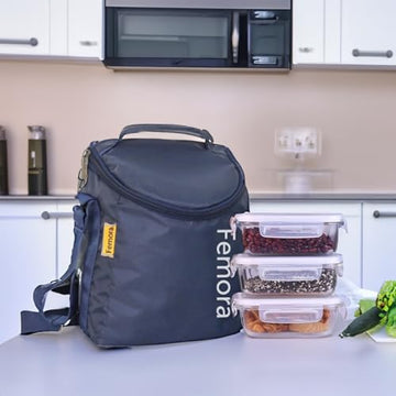 Borosilicate Glass Lunch Box Blue Canvas Bag Femora, 400 ML, 3 Pcs