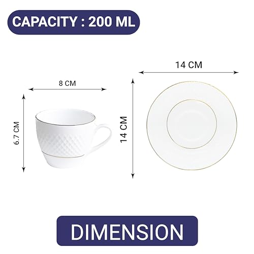 Ceramic Double Gold Line Diamond Cut White Tea Cup Set with Saucer, 200 ML, 6 Cups, 6 Saucers, Femora