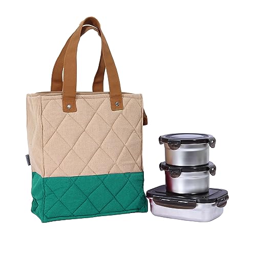 Stainless Steel Lunch Box Green Canvas Bag Femora, 350 ML + 550 ML, 3 Pcs