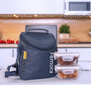 Borosilicate Glass Lunch Box Blue Canvas Bag Femora, 300 ML 2 Pcs