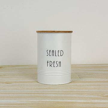 Carbon Steel Canister Airtight Sealed Fresh Storage Jars, 900 ML, White Color, Jar with Wooden Lid, Storage For Sugar, Tea/Container for Masala, Coffee/Multipurpose Storage Steel Canister For Kitchen