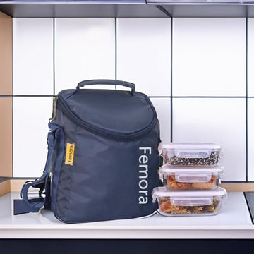 Borosilicate Glass Lunch Box Blue Canvas Bag Femora, 400 ML, 620 ML,  3 Pcs