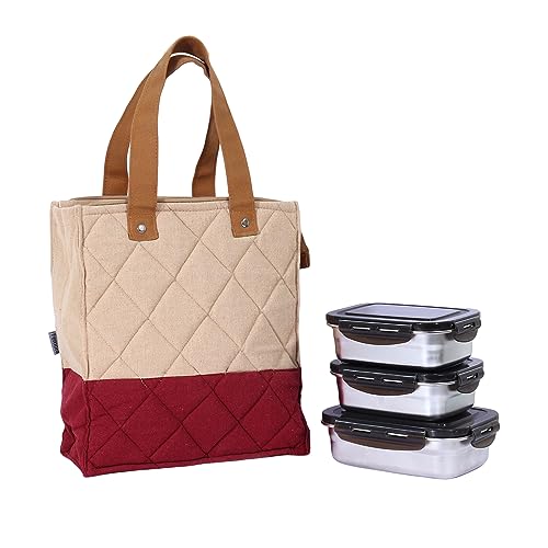 Stainless Steel Lunch Box  Maroon Canvas Bag Femora, 350 ML, 550 ML, 3 Pcs.