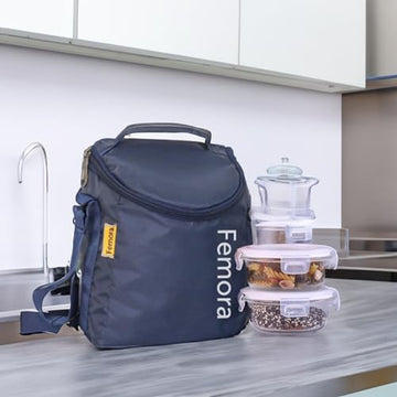 Borosilicate Glass Lunch Box Blue Canvas Bag Femora, 380 ml, 2 Pcs