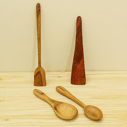 Acacia Wooden Cooking Spoon Set, Dosa & Tawa Turner, Serving Spoon, 4 Pc, Femora
