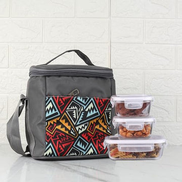 Borosilicate Glass Lunch Box Grey Canvas Bag Femora, 300 ML + 620 ML, 3 Pcs