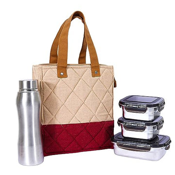 Stainless Steel Lunch Box Maroon Canvas Bag Femora, 350 ML + 550 ML, 750 ml, 3 Pcs