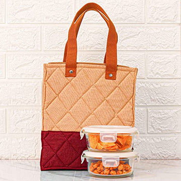 Borosilicate Glass Lunch Box Maroon Canvas Bag Femora, 380 ML, 2 Pcs