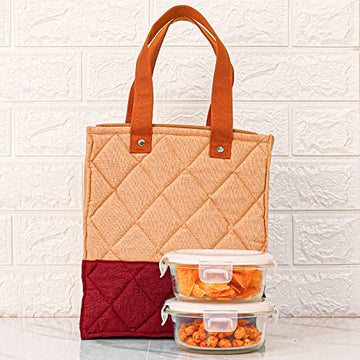 Borosilicate Glass Lunch Box Maroon Canvas Bag Femora, 380 ML,  2 Pcs