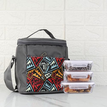Borosilicate Glass Lunch Box Grey Canvas Bag Femora, 400 ML, 620 ML, 3 Pcs
