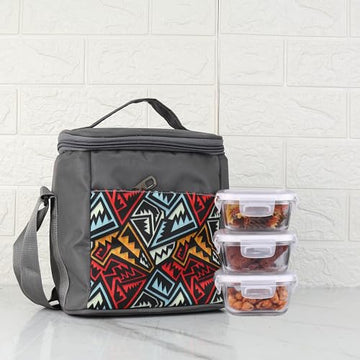 Borosilicate Glass Lunch Box Grey Canvas Bag Femora, 300 ML 3 Pcs