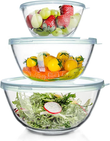 Femora Borosilicate Glass Mixing Bowl with Lid, 3 Pcs Set (400ml, 700ml, 1050ml), Serving Bowl, Kitchen, Oven & Microwave, Dishwasher and Freezer Safe, Scratch Resistant, Round, Transparent