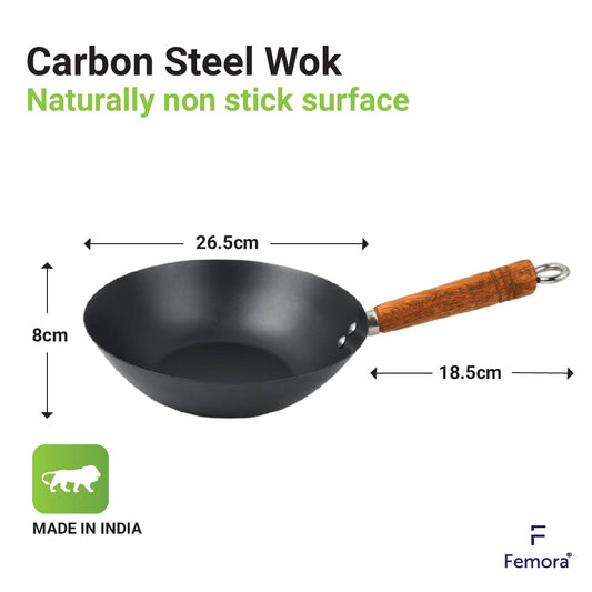 Femora Iron 27cm Wok/Kadhai for Cooking & Deep Frying with Strong Wooden Handle,