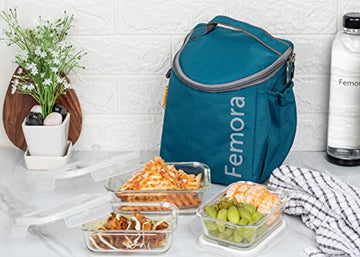 Borosilicate Glass Lunch Box Blue Canvas Bag Femora, 400 ML, 620 ML, 3 Pcs