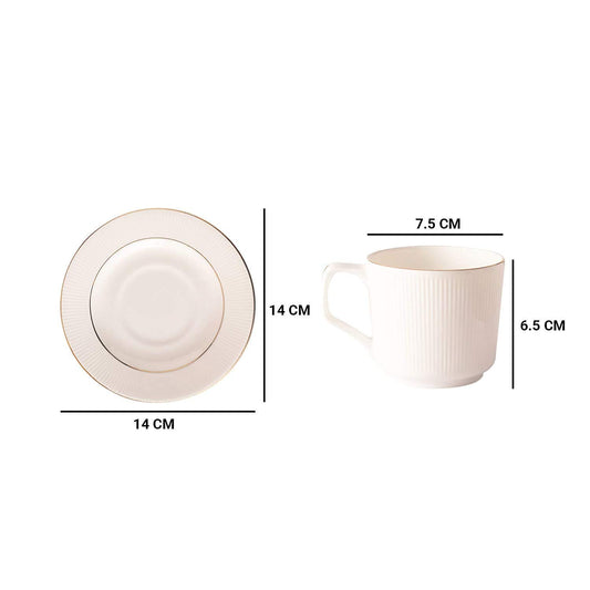 Ceramic Gold Line With Vertical Bar White Tea Cups Set with Saucer, 200 ML, 6 Cups, 6 Saucers, Femora