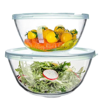 Femora Borosilicate Glass Mixing Bowl with Lid, 2 Pcs Set (1050ml & 2100ml), Serving Bowl, Kitchen, Oven & Microwave, Dishwasher and Freezer Safe, Scratch Resistant, Round, Transparent