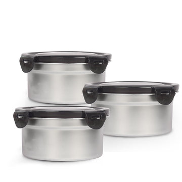 Femora Lunch Box High Steel Round Heavy Duty Airtight Leakproof Unbreakable Storage Container with Lock Lid Lunch Box for Office-College-School, Lunch Box - 850 ml / 28 Oz, Set of 3