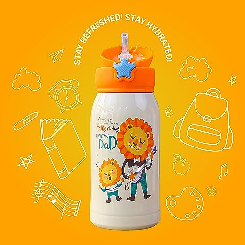 Kids Lion Design Hot & Cold Thermo Steel Sipper Water Bottle with Bag, 550 ML, 1 Pc, Femora