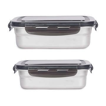 Femora Lunch Box High Steel Rectangle Heavy Duty Airtight Leakproof Unbreakable Storage Container, Lunch Box - 1600 ml/ 54 Oz, 1850 ml/ 62 Oz, Set of 2