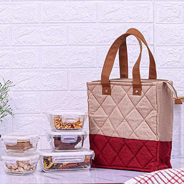 Borosilicate Glass Lunch Box Maroon Canvas Bag Femora, 180 ML 300 ML, 620 ML, 5 Pcs