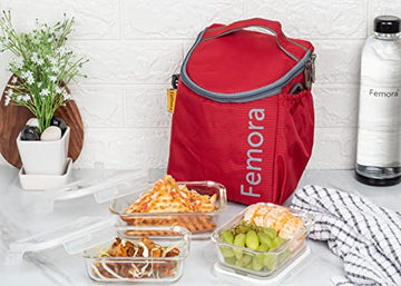 Borosilicate Glass Lunch Box Red Canvas Bag Femora, 400 ML, 620 ML, 3 Pcs