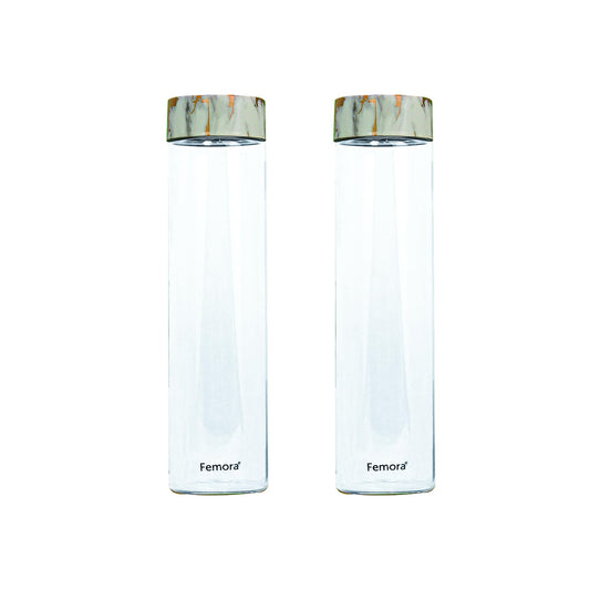 Femora Borosilicate Glass Water Bottle Durability and Elegance Combined, 1000ML(2 Pc Set) (Marble Lid)