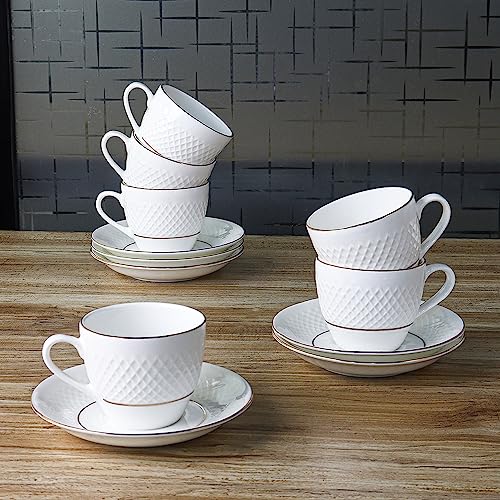 Ceramic Double Gold Line Diamond Cut White Tea Cup Set with Saucer, 200 ML, 6 Cups, 6 Saucers, Femora