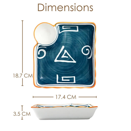 Femora Ceramic Chip and Dip Snack Plate with Dip Section | Microwave & Dishwasher Safe Starter Plates | Perfect for Fries, Momos, Sushi, Kebab (White & Blue)