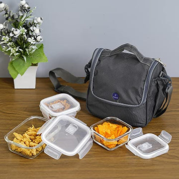 Borosilicate Glass Lunch Box Black Canvas Bag Femora, 300 ML, 620 ML, 3 Pcs
