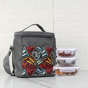 Borosilicate Glass Lunch Box Grey Canvas Bag Femora, 380, 620 ml, 3 Pcs