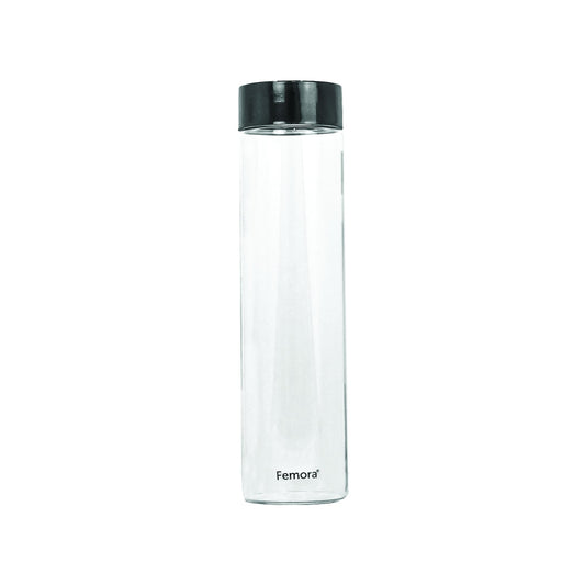 Femora Borosilicate Glass Water Bottle Durability and Elegance Combined, 1000ML(1 Pc Set) (Black Lid)