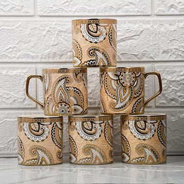 Premium Ceramic Floral Pattern Coffee & Tea Cup Set of 6, 180 ML, Femora