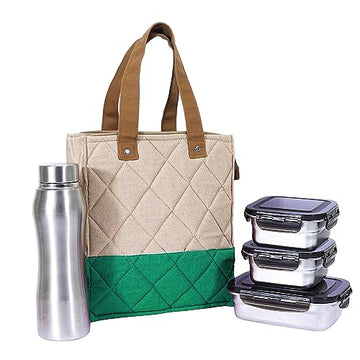 Stainless Steel Lunch Box Green Canvas Bag Femora, 350 ML + 550 ML, 750 ML, 5 Pcs
