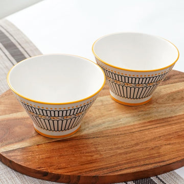 Femora Ceramic Ramen Bowls (Set of 2) - Rich Ornate Pattern, 350ml | Microwave & Dishwasher Safe | Perfect for Noodles, Soups, Maggi & Dal-Chawal